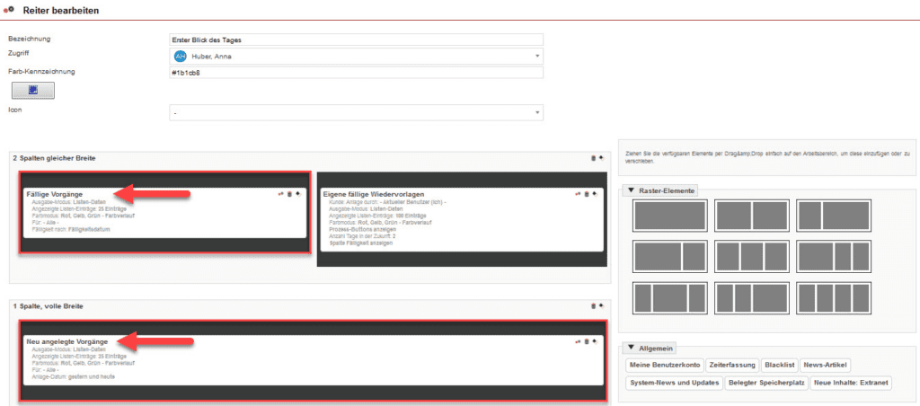 Screenshot geöffneter Bearbeitungsbereich eines Reiters innerhalb des Dashboards