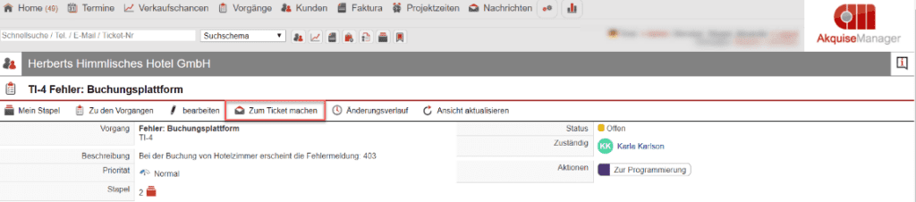 Screenshot Vorgang in Ticket umwandeln