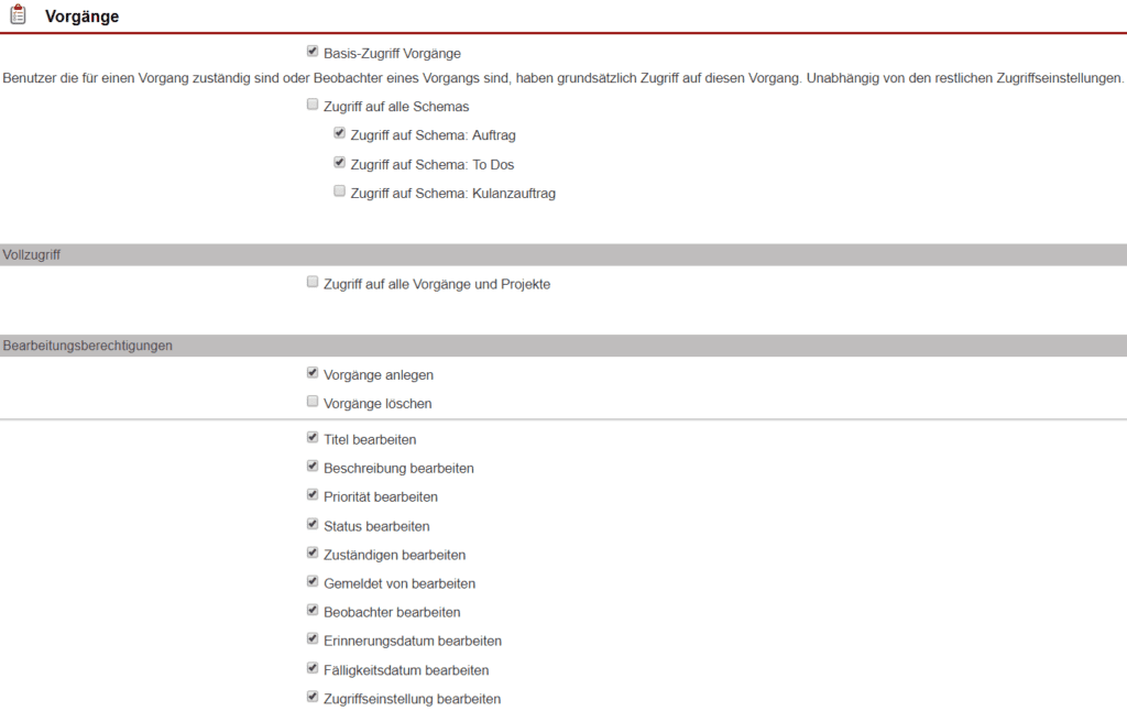 Screenshot der Rechteeinstellungen für Vorgänge