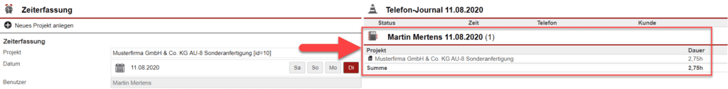 Screenshot Maske eines Zeiterfassungsprojekts mit Markierung einer Aufzählung gebuchter Zeiten