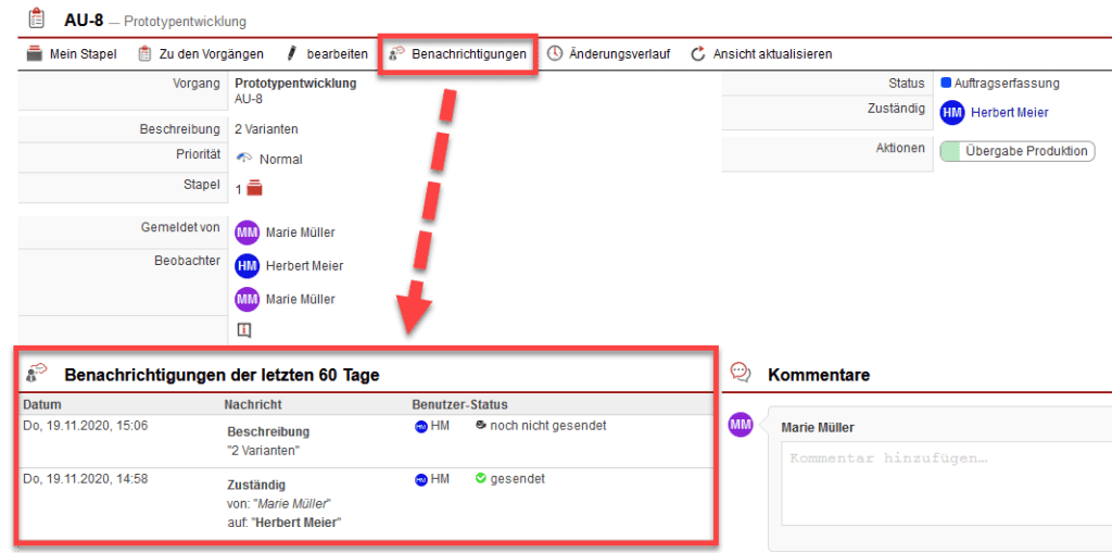 Screenshot geöffneter Vorgang mit markiertem Button „Benachrichtigung“ und geöffnetem Benachrichtigungsverlauf