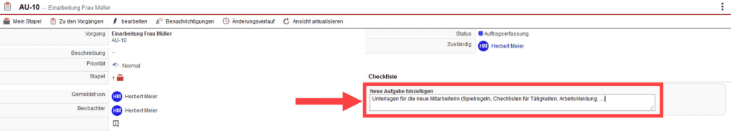 Screenshot Erstellung einer individuellen Checkliste im geöffneten Vorgang
