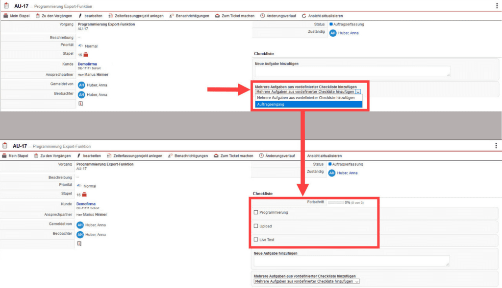 Screenshot geöffneter Vorgang mit markierter Checklisten-Erstellung