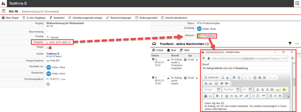 Screenshot geöffnetes Ticket mit markierter E-Mail, welche durch die Betätigung eines Prozess-Buttons erstellt wurde