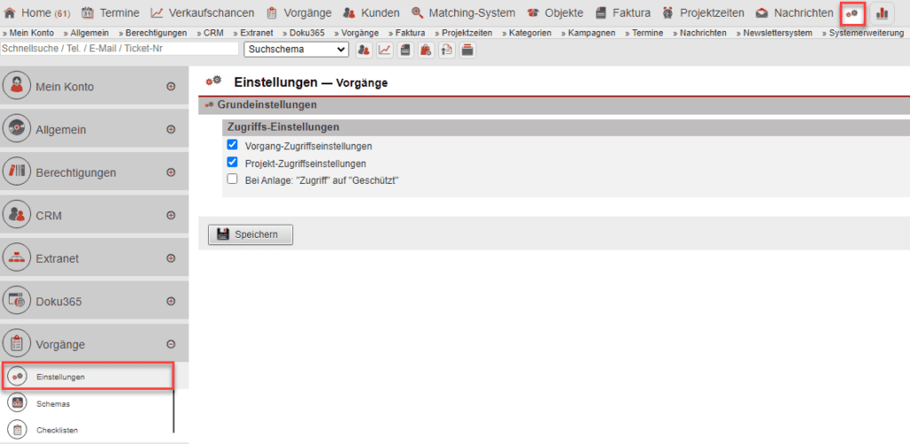 Screenshot geöffneter Hauptmenüpunkt „Vorgänge“ mit markiertem Bereich „Einstellungen“