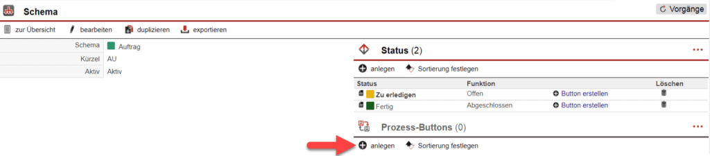 Screenshot Maske zum Bearbeiten eines Schemas mit markiertem Bereich "Prozess Button"