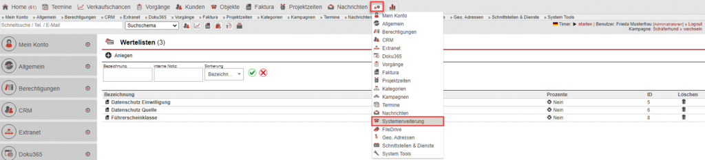 Screenshot Hauptmenüleiste mit markiertem Bereich „Systemerweiterung“