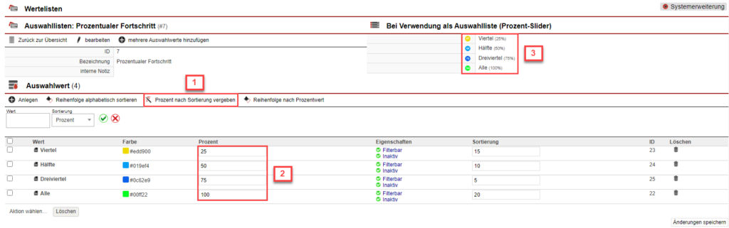 Screenshot einer fertigen Werteliste mit verschiedenen Auswahlwerten und Prozentangaben mit unterschiedlichen Markierungen