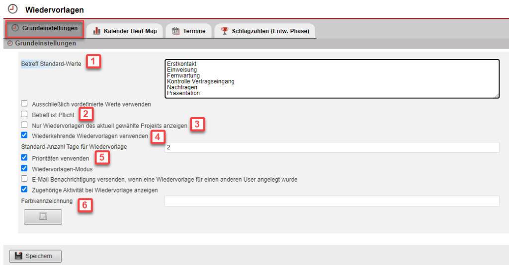 Screenshot des geöffneten Reiters „Grundeinstellungen“ im Einstellungsbereichs „Wiedervorlagen“