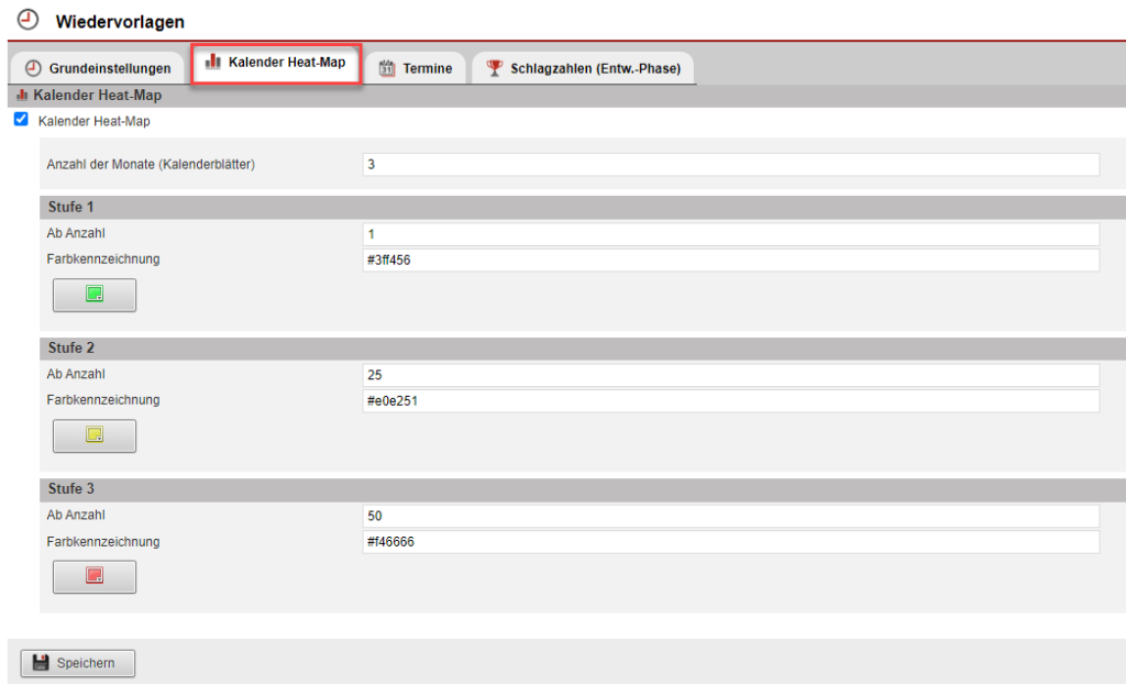 Screenshot des geöffneten Reiters „Kalender Heat-Map“ im Einstellungsbereichs „Wiedervorlagen“