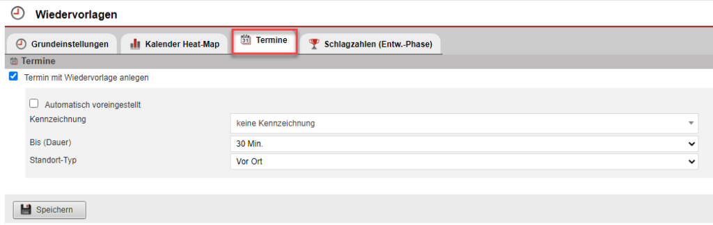 Screenshot des geöffneten Reiters „Termine“ im Einstellungsbereichs „Wiedervorlagen“