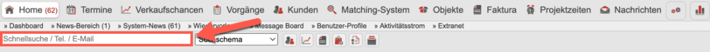 Screenshot der Dashboard-Ansicht mit hervorgehobener Schnellsuchleiste