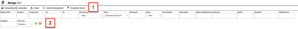 Screenshot der Ansicht „Alle Belege“ mit verschiedenen Markierungen bei den Filtermöglichkeiten