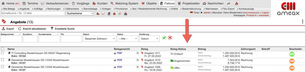 Screenshot der Übersicht aller Angebote aus dem Modul „Faktura“