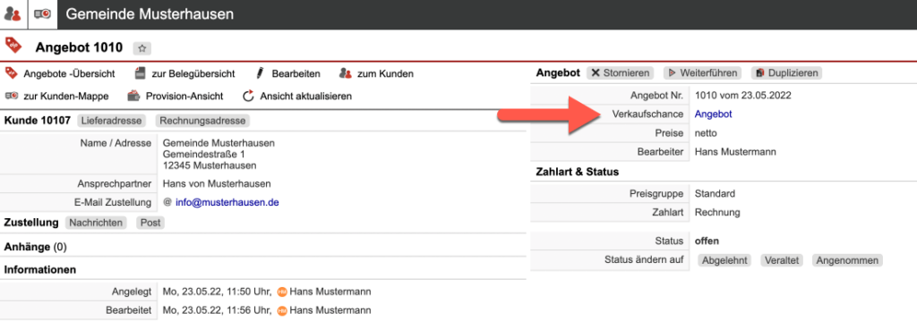 Screenshot der Ansicht bei der Belegerstellung mit Markierung der automatisch angelegten Verkaufschance