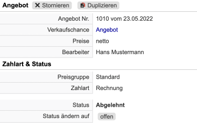 Screenshot bei der Angebotserstellung mit Status „Abgelehnt“