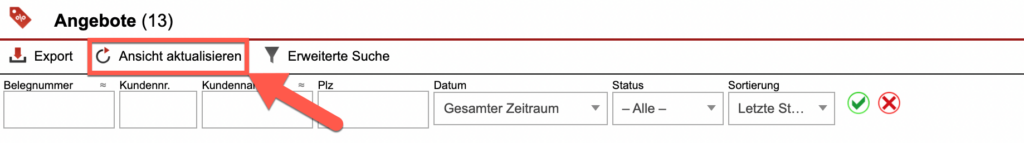 Screenshot der Ansicht „Angebote“ des Bereichs Faktura mit markiertem „Ansicht aktualisieren“-Button