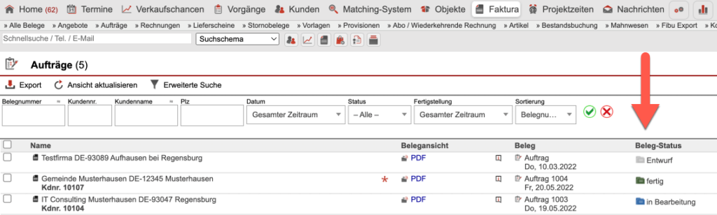 Screenshot der Übersicht „Aufträge“ des Bereichs Faktura