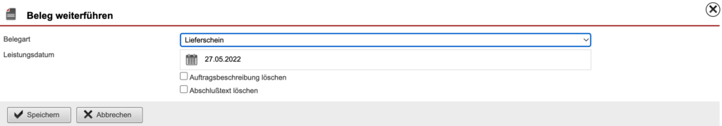 Screenshot der „Beleg weiterführen“-Ansicht
