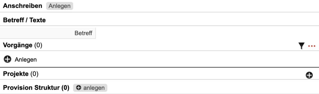 Screenshot des Bereichs zum Anlegen eines Vorgangs, Projekts oder einer Provision Struktur bei der Auftragserstellung