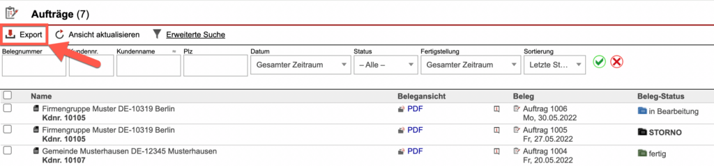 Screenshot der Übersicht aller Aufträge des Bereichs Faktura mit markiertem „Export“-Button