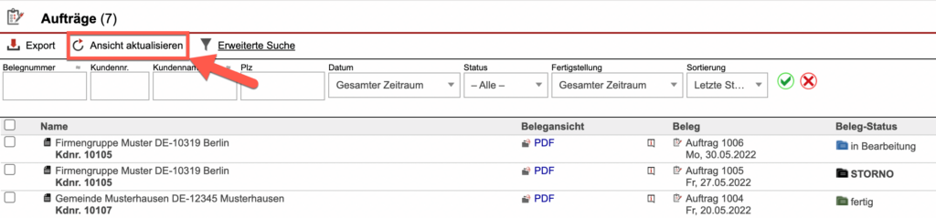Screenshot der Ansicht „Aufträge“ des Bereichs Faktura mit markiertem „Ansicht aktualisieren“-Button