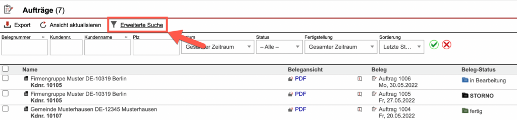 Screenshot des Bereichs „Aufträge“ des Bereichs Faktura mit markiertem „Erweiterte Suche“-Button