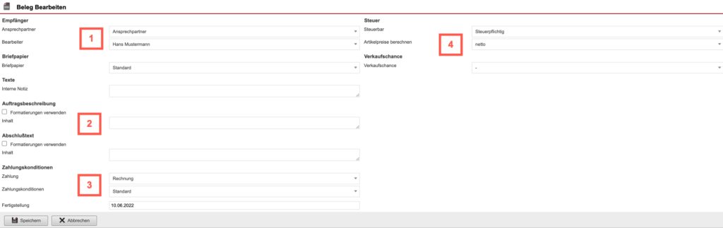 Screenshot der „Beleg bearbeiten“-Maske mit verschiedenen Markierungen