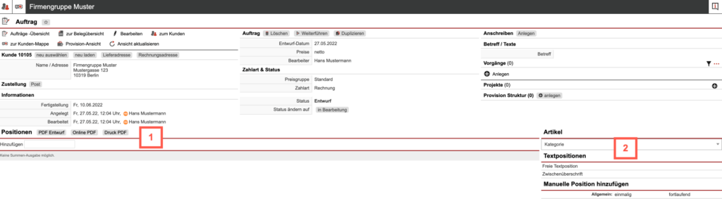 Screenshot der Bearbeitungsmaske eines Auftrags mit verschiedenen Markierungen zum Hinzufügen von Artikeln