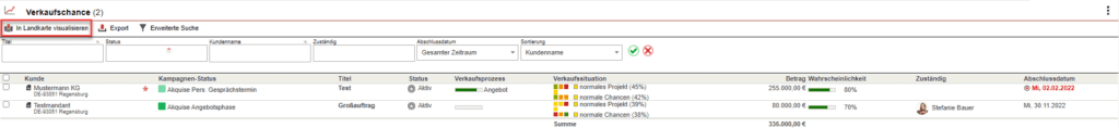 Ansicht aller Verkaufschancen mit markierter Schaltfläche „In Landkarte visualisieren“