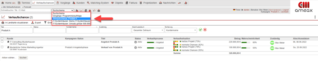 Screenshot aus „Verkaufschancen“ mit gekennzeichnetem Drop-Down-Menü zur Ausführung des Suchschemas