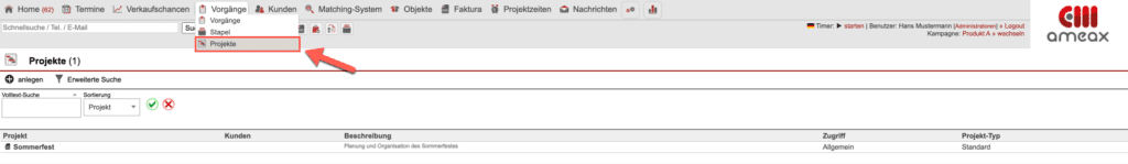 Screenshot des ausgeklappten Hauptmenüpunkts „Vorgänge“ mit markiertem Untermenüpunkt „Projekte“