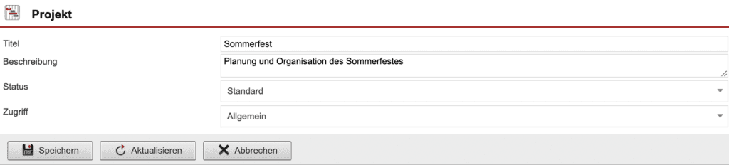 Screenshot der Eingabemaske eines Projekts mit verschiedenen Eintragungen bei „Titel“ und „Beschreibung“