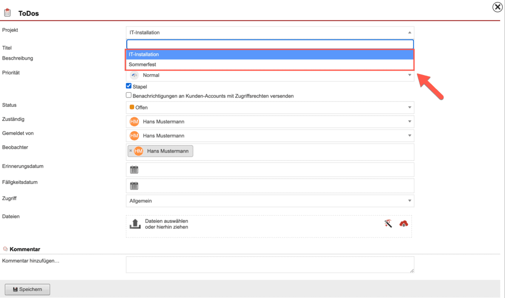 Screenshot bei der Anlage eines Vorgangs mit Markierung des Drop-Down-Menüs „Projekt“