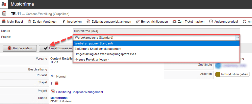 Screenshot der Ansicht während des Zuweisungsprozesses eines Tasks, zum Beispiel zu einem anderen Projekt