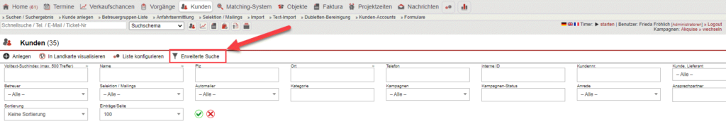 Übersichtsmaske mit markierter Schaltfläche „Erweiterte Suche“