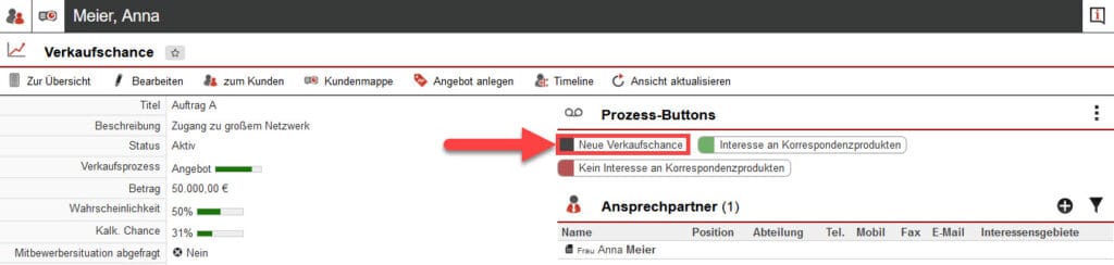 Screenshot geöffnete Verkaufschance mit markiertem Prozess-Button