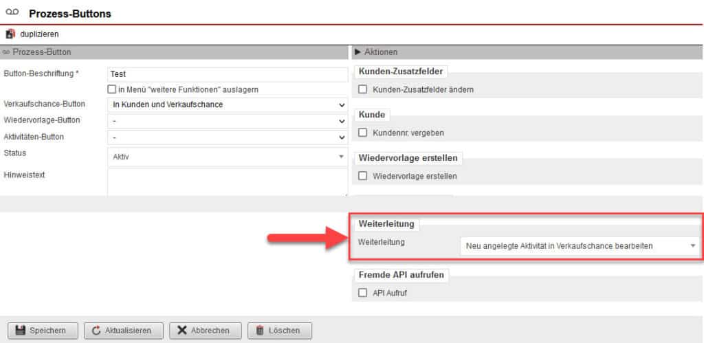 Screenshot geöffneter Anlagebereich eines Prozess-Buttons mit markiertem Bereich „Weiterleitung“