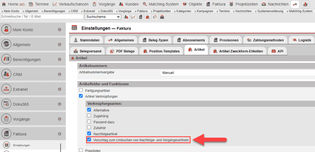 Screenshot des Einstellungsbereichs „Faktura“ im Untermenüpunkt „Einstellungen“ mit markierter Checkbox zum Aktivieren des „Vorschlags zum Umbuchen auf Nachfolge- oder Vorgängerartikel“