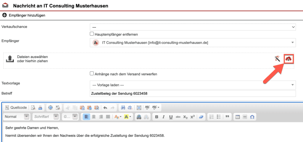 Screenshot beim Versand einer Nachricht an einen Kunden mit markiertem FileDrive-Icon