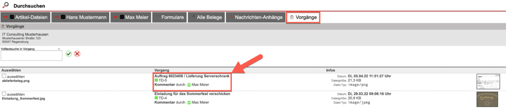 Screenshot FileDrive-Ansicht im Reiter „Vorgänge“ mit Markierung einer Datei, die als Kommentar hinzugefügt wurde