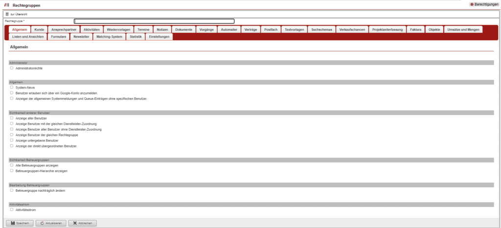 Screenshot Anlagemaske um neue „Rechtegruppen“ zu hinterlegen