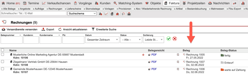 Screenshot der Übersichtsseite aller Rechnungen.