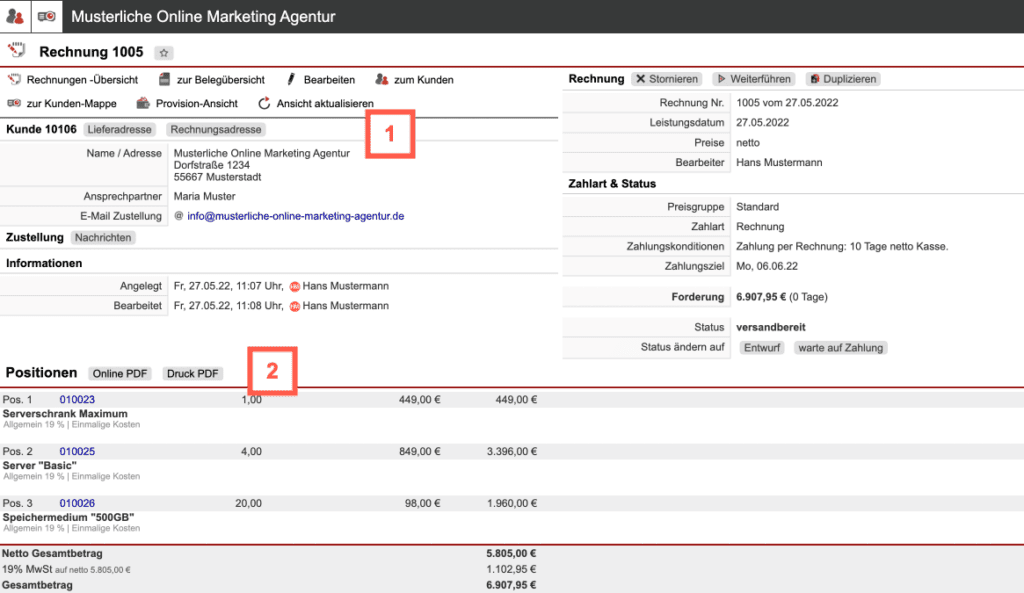 Screenshot bei der Belegerstellung mit verschiedenen Markierungen zum Ändern der Adressen oder zur Ansicht der Rechnung