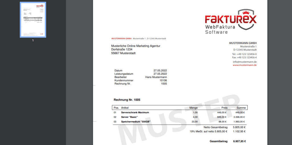 Screenshot einer beispielhaften Rechnung
