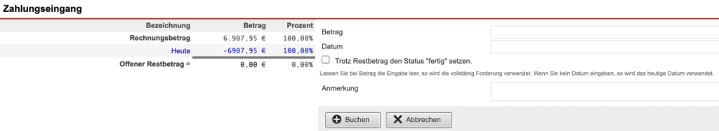 Screenshot der Ansicht „Zahlungseingang“