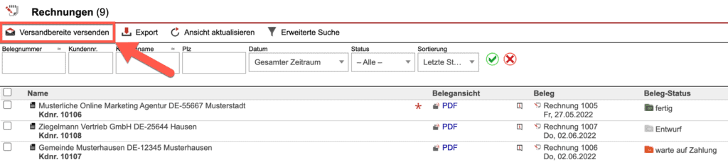 Screenshot der Rechnungsübersicht mit markiertem „Versandbereite versenden“-Button