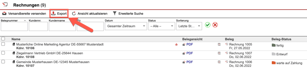 Screenshot der Übersichtsmaske „Rechnungen“ mit markiertem „Export“-Button