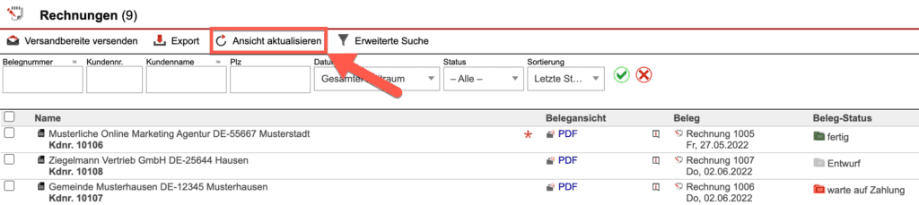 Screenshot der Übersicht aller Rechnungen mit markiertem „Ansicht aktualisieren“-Button