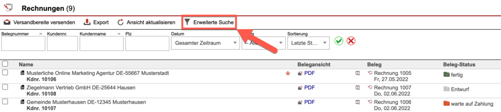 Screenshot der Rechnungsübersicht mit markiertem „Erweiterte Suche“-Button